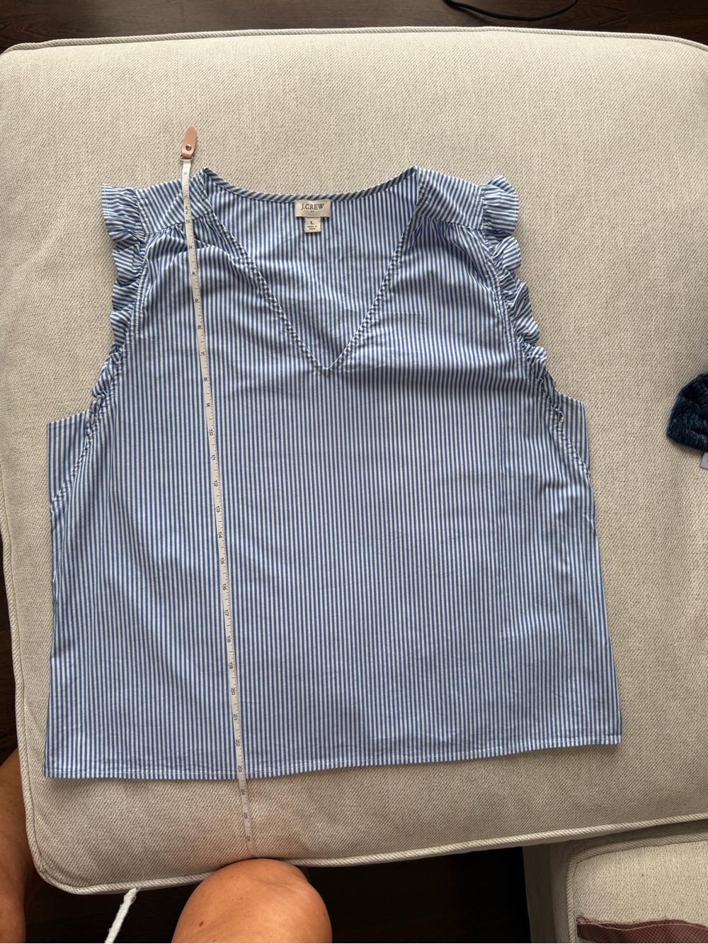 J. Crew Blue and White Striped Ruffle Cap Sleeve V-Neck Tank - Picture 4 of 4